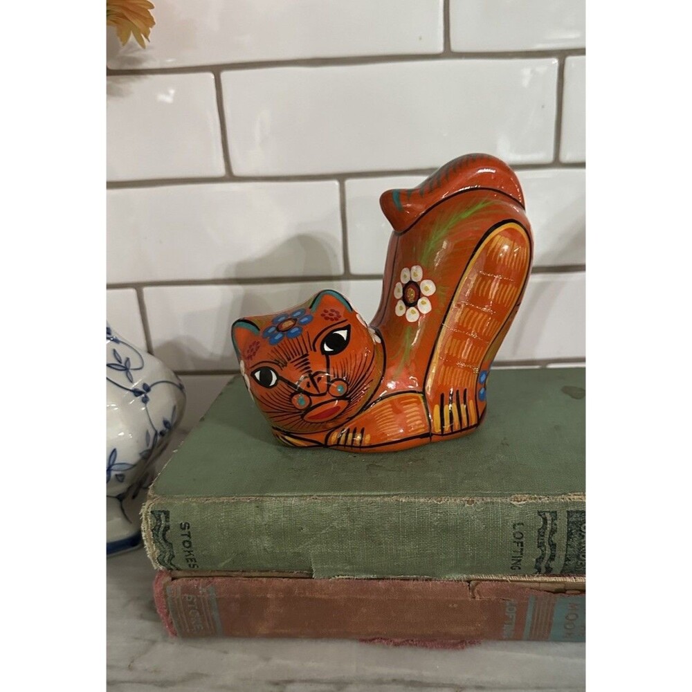 Vintage Cat Figurine Hand Painted Glazed Terracotta Isidoro Mexican Folk Art.